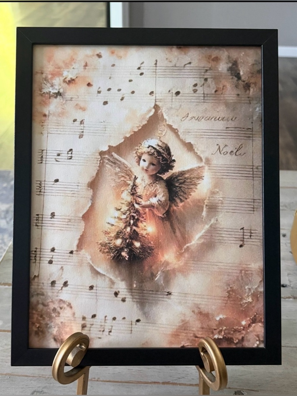 Framed Angel Christmas 8x10 Wall Art Print - Soft Cream & Gold Tones